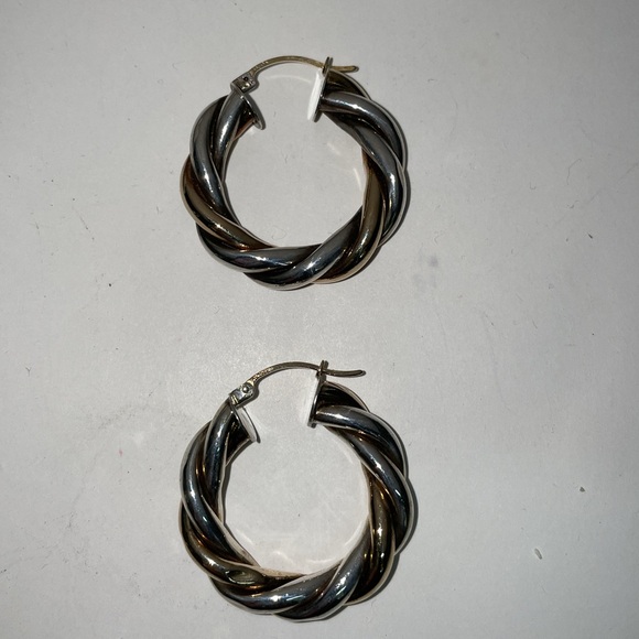 Solid 14K Yellow Gold & 925 Sterling Silver Twisted Rope Cable Hoop Earrings - Picture 7 of 12